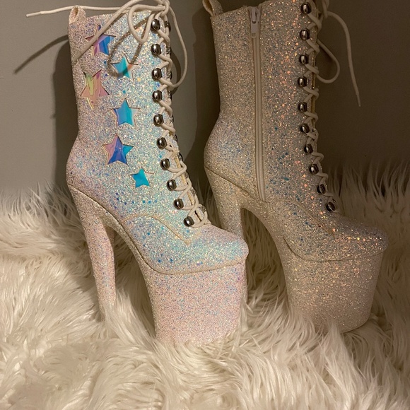 YRU MYA STAR WHITE GLITTER PLATFORM Stripper Dancewear BOOTS HEELS  XTRA Size 5 - Picture 2 of 16